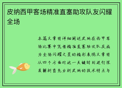 皮纳西甲客场精准直塞助攻队友闪耀全场
